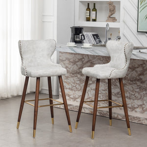 English Elm Nevis Mid-Century Modern Faux Leather Tufted Nailhead Trim Barstool Set Of 2, Off-White