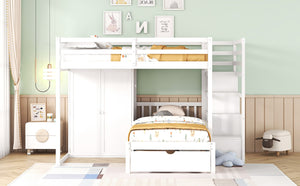 English Elm Full Over Twin Bunk Bed with Wardrobe Staircase Drawers for Shared Kids Rooms LT001606AAK