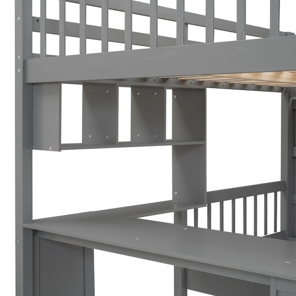 English Elm Full Over Twin Bunk Bed with Staircase Drawers Desk and Shelves in Gray Gray LT001605AAE-2
