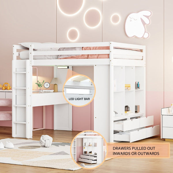 English Elm Full Size Loft Bed with Built-in Desk Shelves Led Lighting and Drawer Storage LT000367AAK