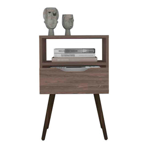 English Elm Nightstand In Dark Walnut Finish With Open Shelf & Drawer - Stylish Storage For Small Spaces B092122933