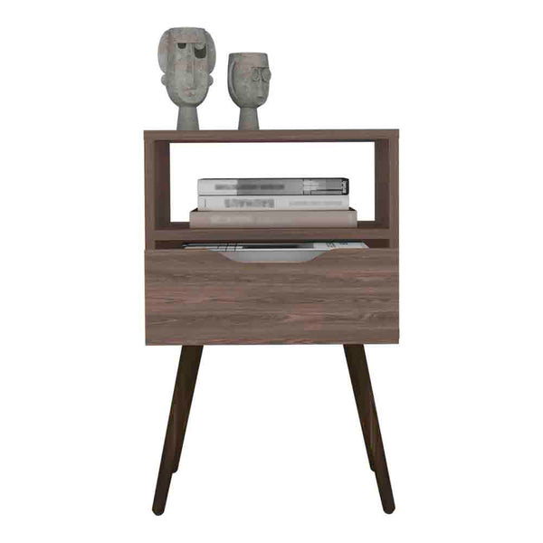 English Elm Nightstand In Dark Walnut Finish With Open Shelf & Drawer - Stylish Storage For Small Spaces B092122933