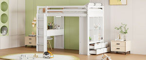 English Elm Twin Loft Bed with Built-in Desk Open Shelving and Led Lighting for Kids Rooms White LT000366AAK