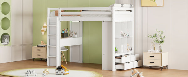 English Elm Twin Loft Bed with Built-in Desk Open Shelving and Led Lighting for Kids Rooms White LT000366AAK