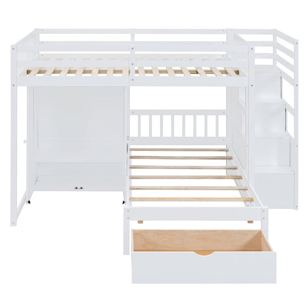 English Elm Full Over Twin Bunk Bed with Wardrobe Staircase Drawers for Shared Kids Rooms LT001606AAK