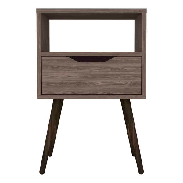 English Elm Nightstand In Dark Walnut Finish With Open Shelf & Drawer - Stylish Storage For Small Spaces B092122933
