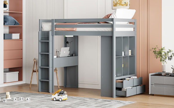 English Elm Twin Loft Bed with Built-in Desk Open Shelving and Led Lighting for Kids Rooms Gray LT000366AAE