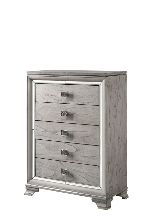 English Elm Vail Gray Wood Chest with Mirrored Accents, Square Knobs & Dovetail Drawers 41.1x20.5x57.4 in B132P162295