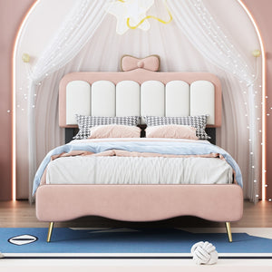 English Elm Twin Size Velvet Princess Bed With Bow-Knot Headboard,Twin Size Platform Bed With Headboard and Footboard,White+Pink