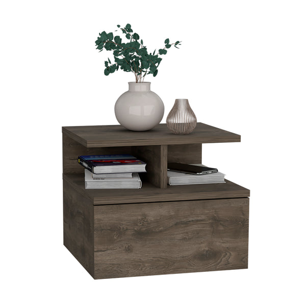 English Elm Floating Nightstand Sleek Wall-Mounted Cement-Look Organizer with Single Drawer and Two Shelves for Compact Bedrooms and Modern Minimalist Spaces Brown 17.71 L x 17.32 W x 3.94 H B097133173