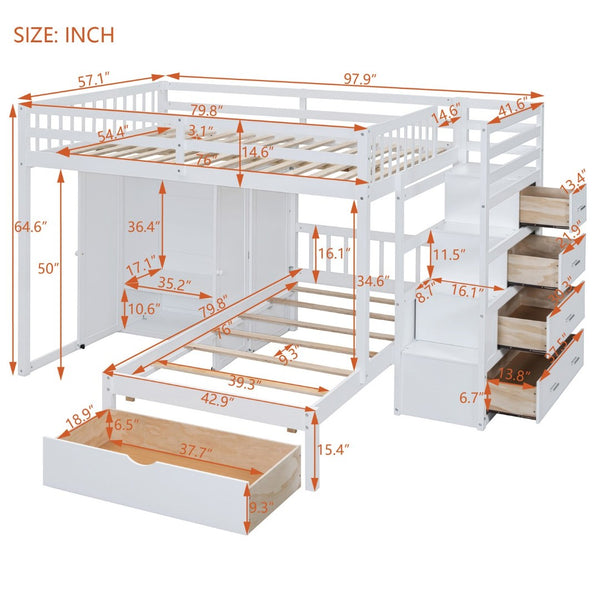 English Elm Full Over Twin Bunk Bed with Wardrobe Staircase Drawers for Shared Kids Rooms LT001606AAK