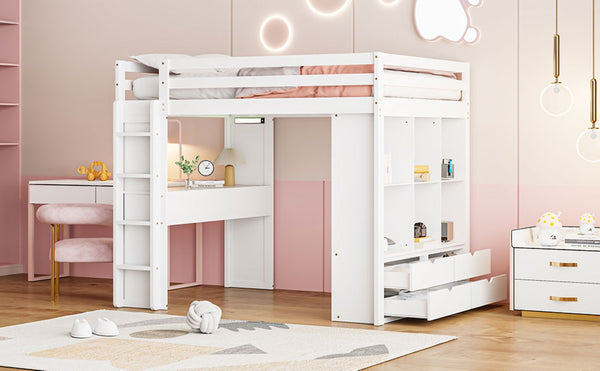 English Elm Full Size Loft Bed with Built-in Desk Shelves Led Lighting and Drawer Storage LT000367AAK
