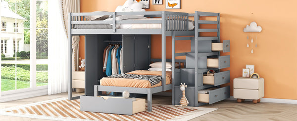 English Elm Full Over Twin Bunk Bed with Wardrobe Staircase Drawers for Shared Kids Rooms LT001606AAE