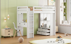 English Elm Twin Loft Bed with Built-in Desk Open Shelving and Led Lighting for Kids Rooms White LT000366AAK