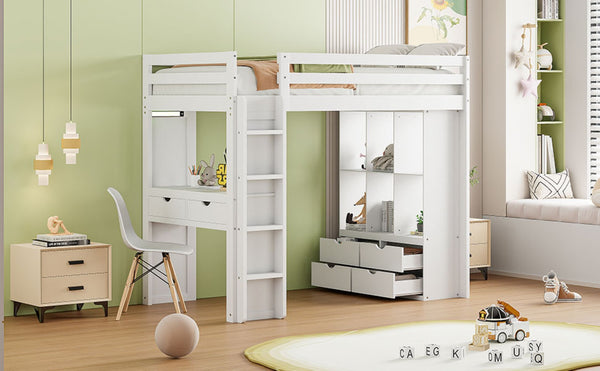English Elm Twin Loft Bed with Built-in Desk Open Shelving and Led Lighting for Kids Rooms White LT000366AAK
