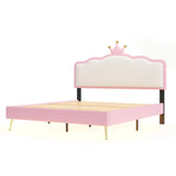 English Elm Full Size Upholstered Princess Bed With Crown Headboard,Full Size Platform Bed With Headboard and Footboard With Light Strips,Golden Metal Legs, White+Pink