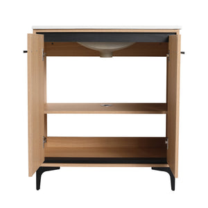 English Elm 30 Inch Oak Bathroom Vanity Base with Basin, Engineered Wood Double-Door Cabinet, Modern Storage W1972S00004