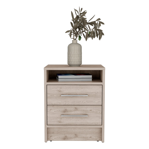 English Elm Nightstand With Two Drawers And Open Shelf - Stylish Light Gray Storage Solution For Modern Bedrooms B092122923