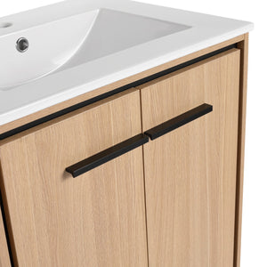 English Elm 24 Inch Oak Bathroom Vanity Base with Basin — Engineered Wood, Double-Door Storage, Minimalist Chic W1972S00003