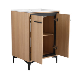 English Elm 24 Inch Oak Bathroom Vanity Base with Basin — Engineered Wood, Double-Door Storage, Minimalist Chic W1972S00003