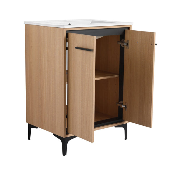 English Elm 24 Inch Oak Bathroom Vanity Base with Basin — Engineered Wood, Double-Door Storage, Minimalist Chic W1972S00003