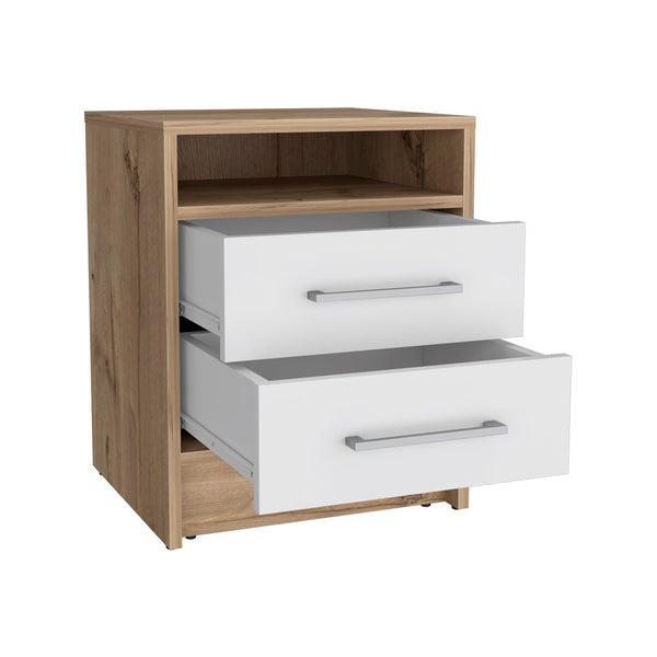 English Elm Nightstand With Two Drawers, Scandinavian Design In White & Light Oak For Modern Spaces & Storage B092123028