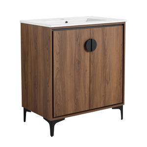 English Elm 30 LEVISTAR Bathroom Vanity with Drop-In Ceramic Sink, 2-Door Engineered Wood Cabinet, Brown, 30" W1972S00002