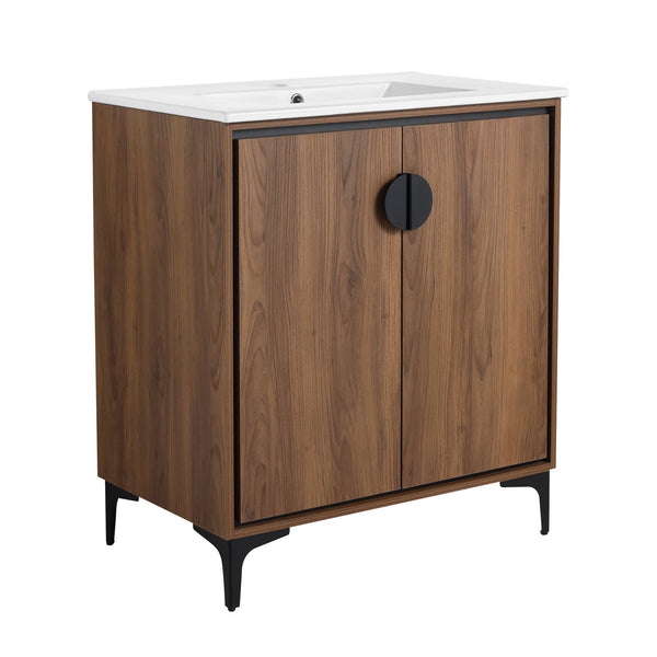 English Elm 30 LEVISTAR Bathroom Vanity with Drop-In Ceramic Sink, 2-Door Engineered Wood Cabinet, Brown, 30" W1972S00002