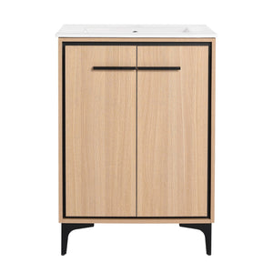 English Elm 24 Inch Oak Bathroom Vanity Base with Basin — Engineered Wood, Double-Door Storage, Minimalist Chic W1972S00003