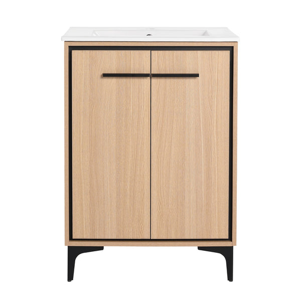 English Elm 24 Inch Oak Bathroom Vanity Base with Basin — Engineered Wood, Double-Door Storage, Minimalist Chic W1972S00003