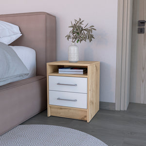 English Elm Nightstand With Two Drawers, Scandinavian Design In White & Light Oak For Modern Spaces & Storage B092123028