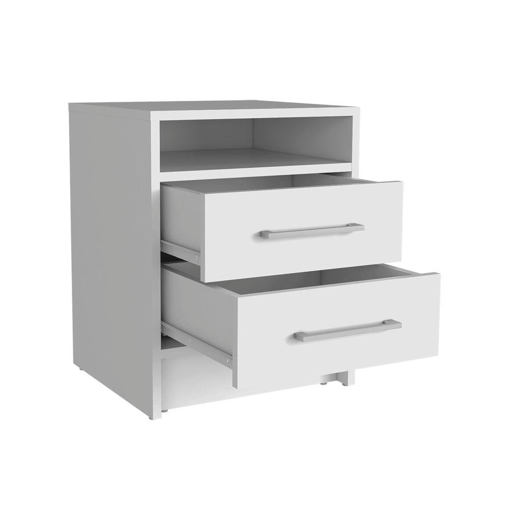 English Elm Nightstand With Two Drawers And Open Shelf, Modern White Finish For Stylish Bedroom Storage Solutions B092123038
