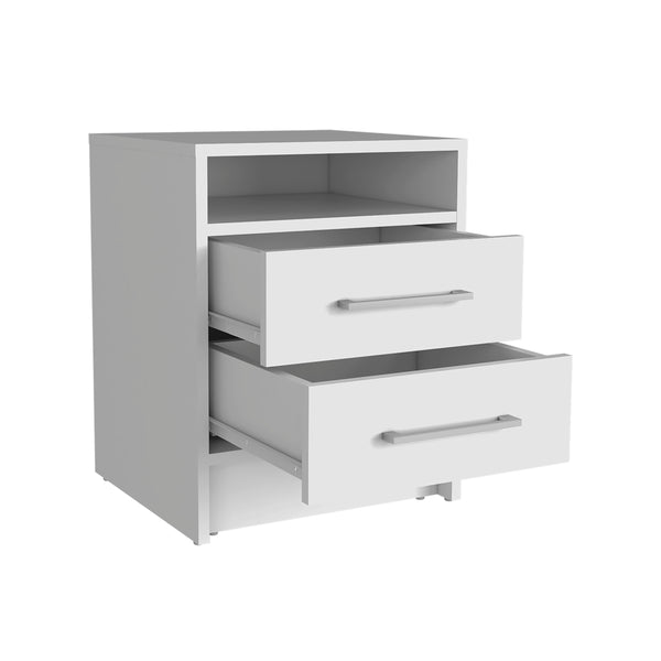 English Elm Nightstand With Two Drawers And Open Shelf, Modern White Finish For Stylish Bedroom Storage Solutions B092123038