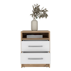 English Elm Nightstand With Two Drawers, Scandinavian Design In White & Light Oak For Modern Spaces & Storage B092123028