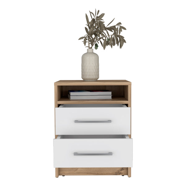 English Elm Nightstand With Two Drawers, Scandinavian Design In White & Light Oak For Modern Spaces & Storage B092123028