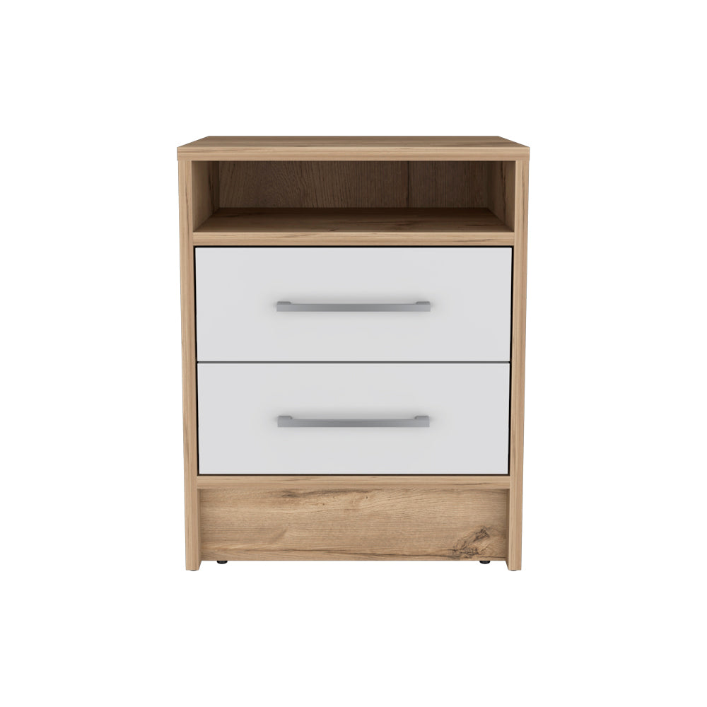 English Elm Nightstand With Two Drawers, Scandinavian Design In White & Light Oak For Modern Spaces & Storage B092123028