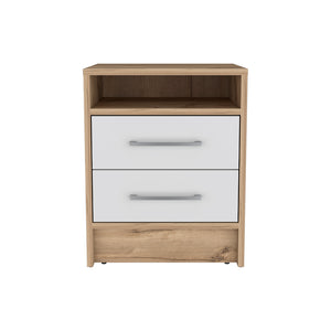 English Elm Nightstand With Two Drawers, Scandinavian Design In White & Light Oak For Modern Spaces & Storage B092123028