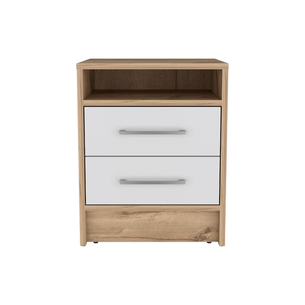 English Elm Nightstand With Two Drawers, Scandinavian Design In White & Light Oak For Modern Spaces & Storage B092123028