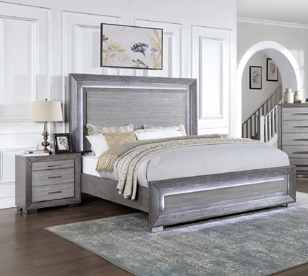 English Elm Gray Nightstand with USB-C & 2 USB-A Ports, 3-Drawer Solid Wood Bedside Table, Felt-Lined Top, Metal Legs, Bar Handles, Transitional Design B011P165672