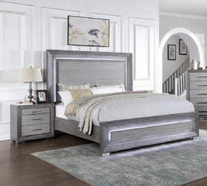 English Elm Gray Nightstand with USB-C & 2 USB-A Ports, 3-Drawer Solid Wood Bedside Table, Felt-Lined Top, Metal Legs, Bar Handles, Transitional Design B011P165672