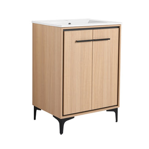 English Elm 24 Inch Oak Bathroom Vanity Base with Basin — Engineered Wood, Double-Door Storage, Minimalist Chic W1972S00003