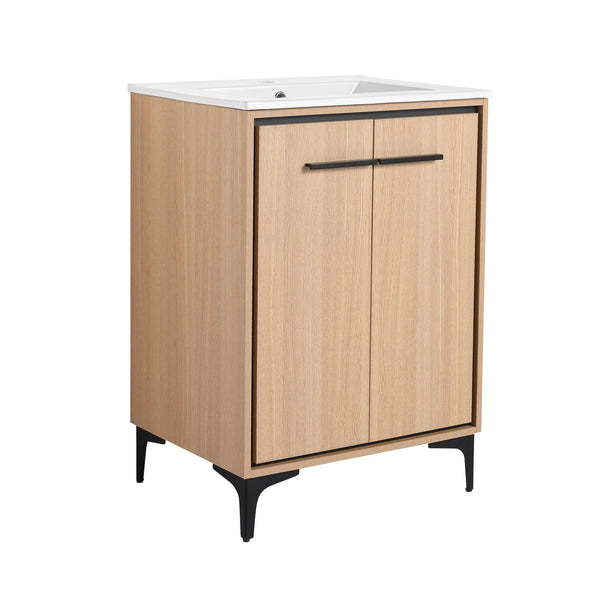 English Elm 24 Inch Oak Bathroom Vanity Base with Basin — Engineered Wood, Double-Door Storage, Minimalist Chic W1972S00003