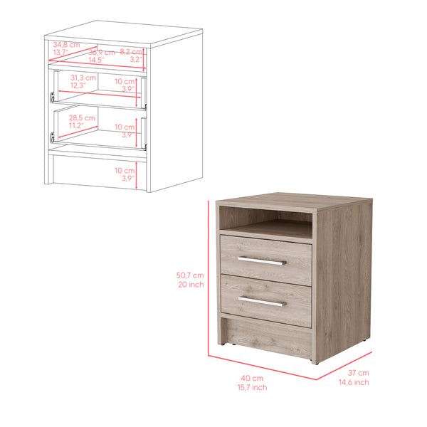 English Elm Nightstand With Two Drawers And Open Shelf - Stylish Light Gray Storage Solution For Modern Bedrooms B092122923