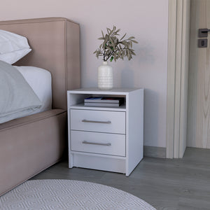 English Elm Nightstand With Two Drawers And Open Shelf, Modern White Finish For Stylish Bedroom Storage Solutions B092123038