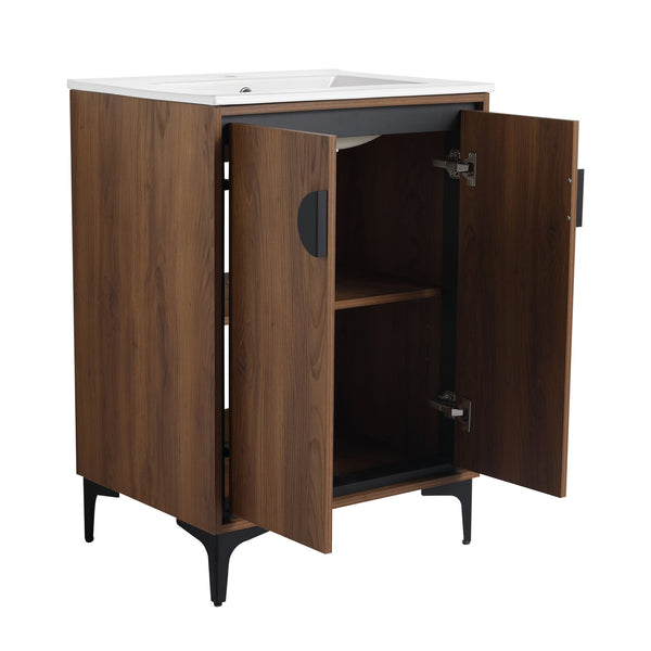 English Elm 24'' Modern Brown Bathroom Vanity with Drop-In Ceramic Sink, Engineered Wood, Soft-Close Doors, Ample Storage W1972S00001