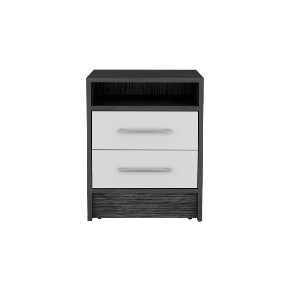 English Elm Nightstand With Two Drawers In Smokey Oak And White Finish - Modern Storage Solution For Your Bedroom B092122882