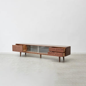 English Elm Walnut Finish Solid Red Oak Media Console with Glass Doors and Two Drawer Storage W1283130091