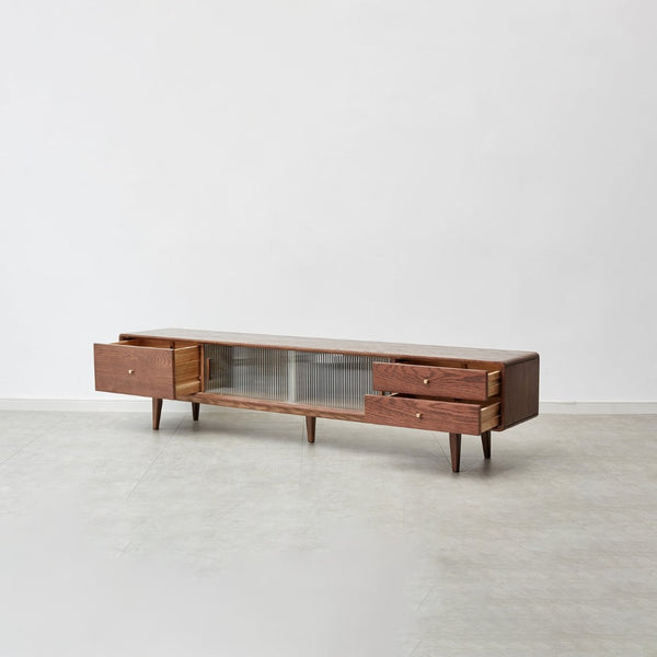 English Elm Walnut Finish Solid Red Oak Media Console with Glass Doors and Two Drawer Storage W1283130091