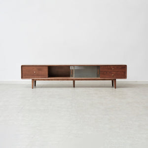 English Elm Walnut Finish Solid Red Oak Media Console with Glass Doors and Two Drawer Storage W1283130091