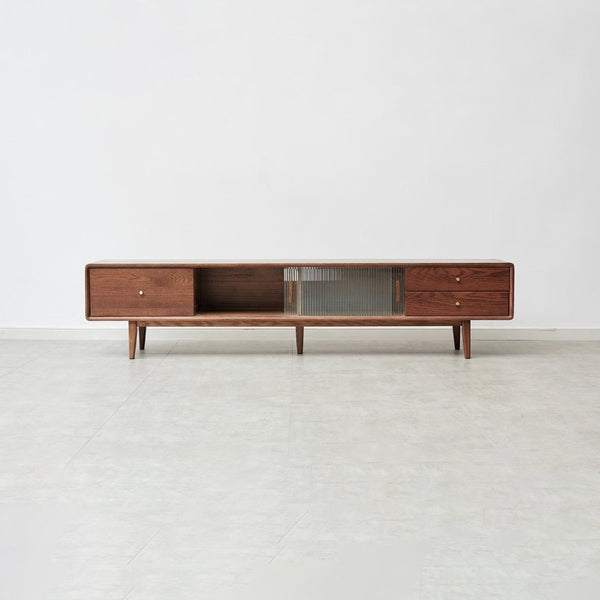 English Elm Walnut Finish Solid Red Oak Media Console with Glass Doors and Two Drawer Storage W1283130091